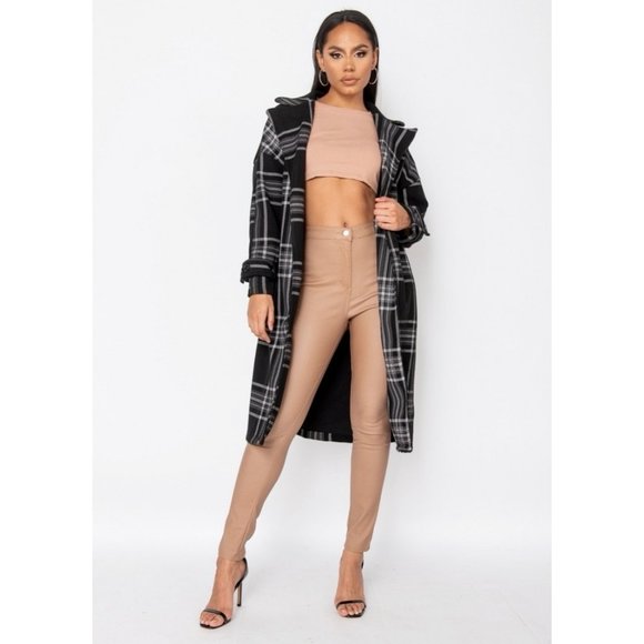 Black Plaid Check Wool Blend Long Sleeve Belted Lapel Collared Trench Coat - Picture 5 of 11